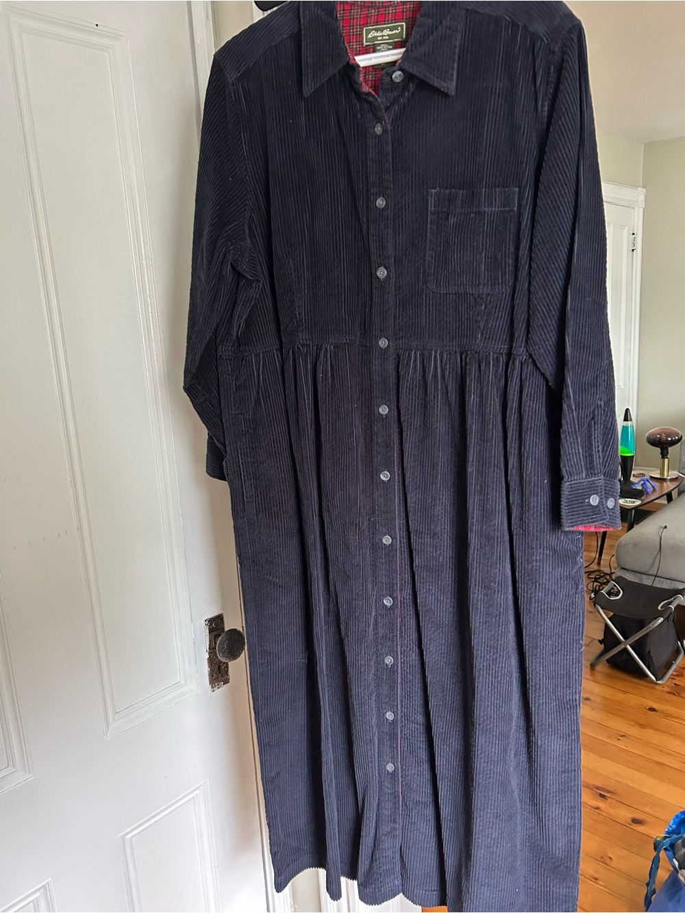 Eddie Bauer Cotton blue Corduroy Full Length Shirt Dress Red trim vintage xlp
